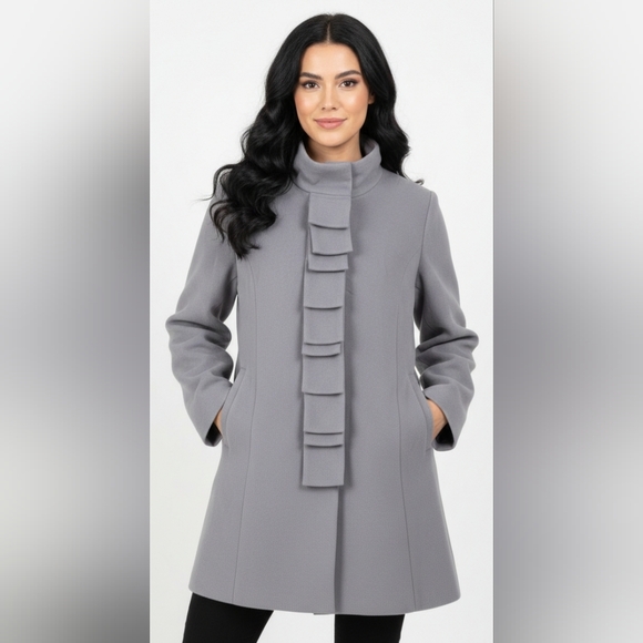 Garnet Hill Jackets & Blazers - NWOT Garnet Hill Gray Ribbon Candy Ruffle Front Wool Coat Size 18